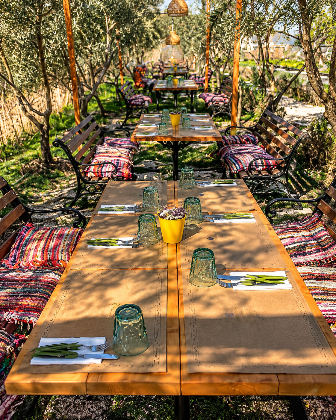 Tavoli e panche in legno con cuscini tradizionali nel giardino di Blerina Farm, agriturismo vicino a Tirana.