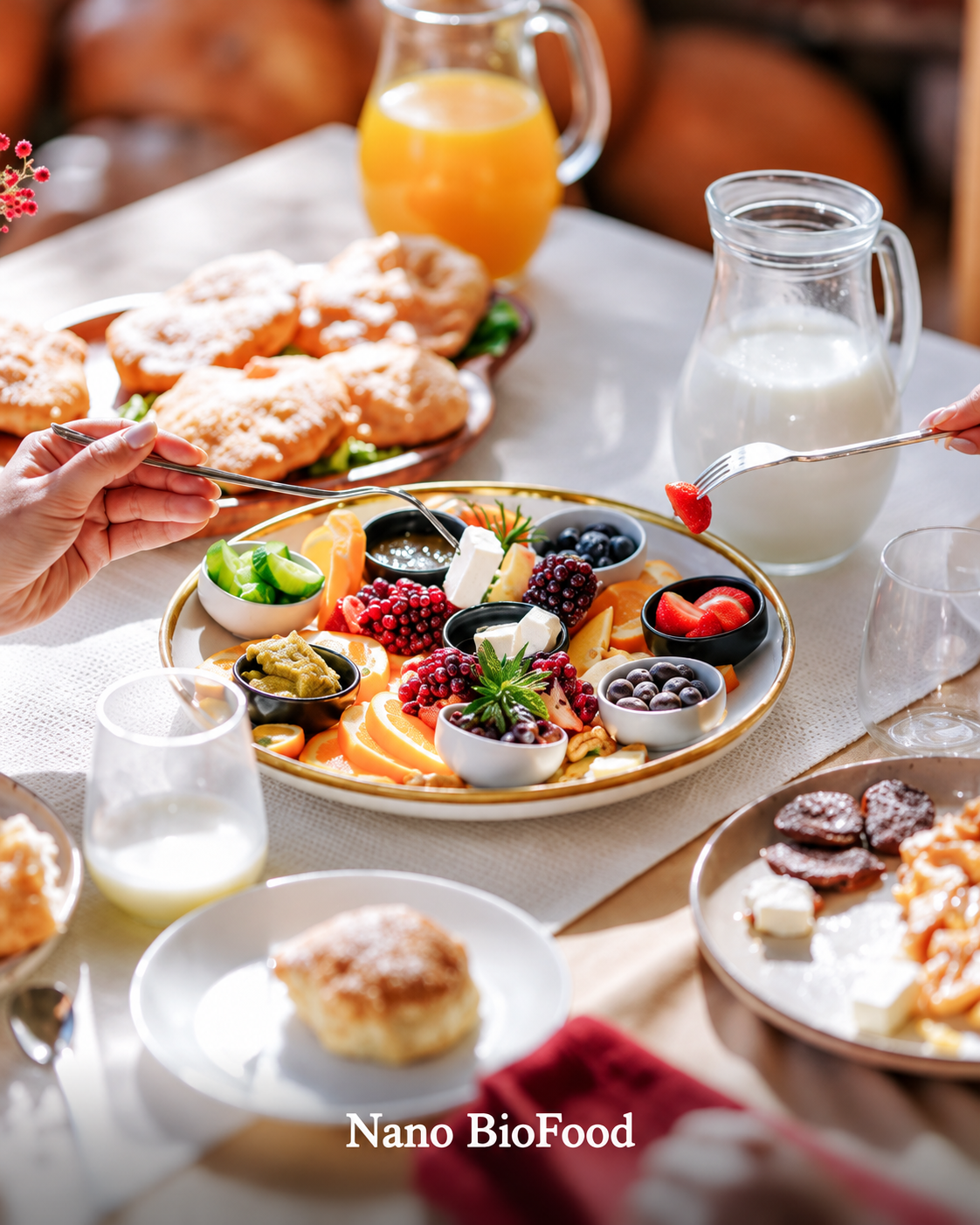 Colazione con frutta fresca, prodotti della fattoria e piatti tradizionali al Nano Resort & Biofood vicino a Tirana.