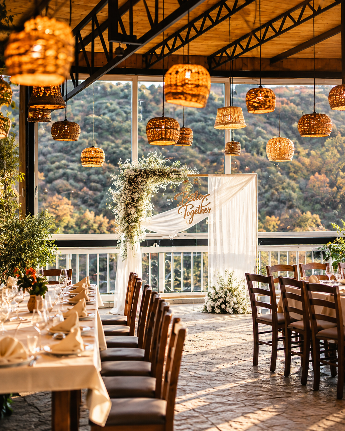 Interno rustico del ristorante Kantina Enol a Preza, con tavoli in legno, illuminazione decorativa e vista sulle colline.