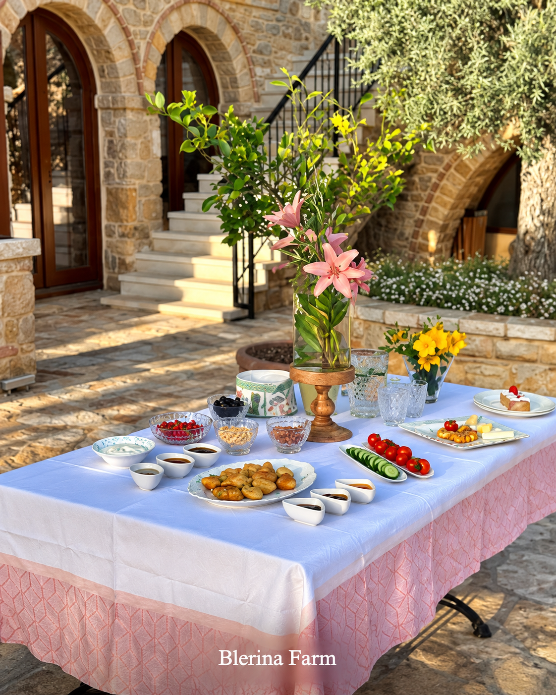 Colazione con prodotti freschi della fattoria nel cortile in pietra di Blerina Farm, agriturismo vicino a Tirana.