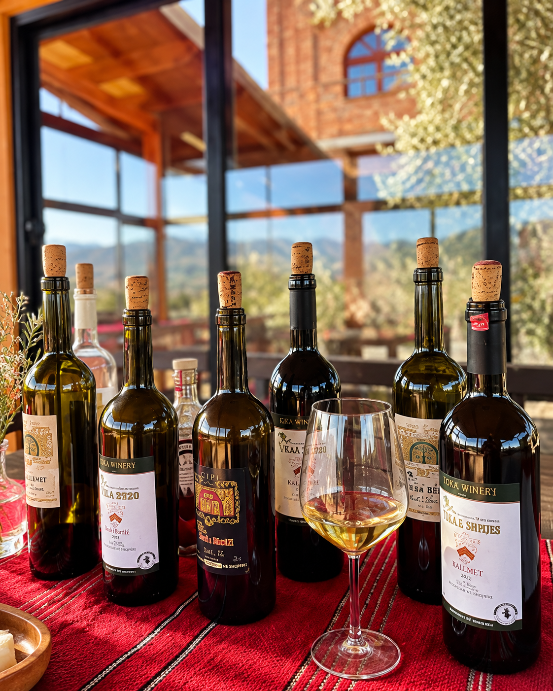 Bottiglie di vino locale e calice da degustazione presso Vila Shehi Winery & Vineyards nella zona di Vora, vicino a Tirana.