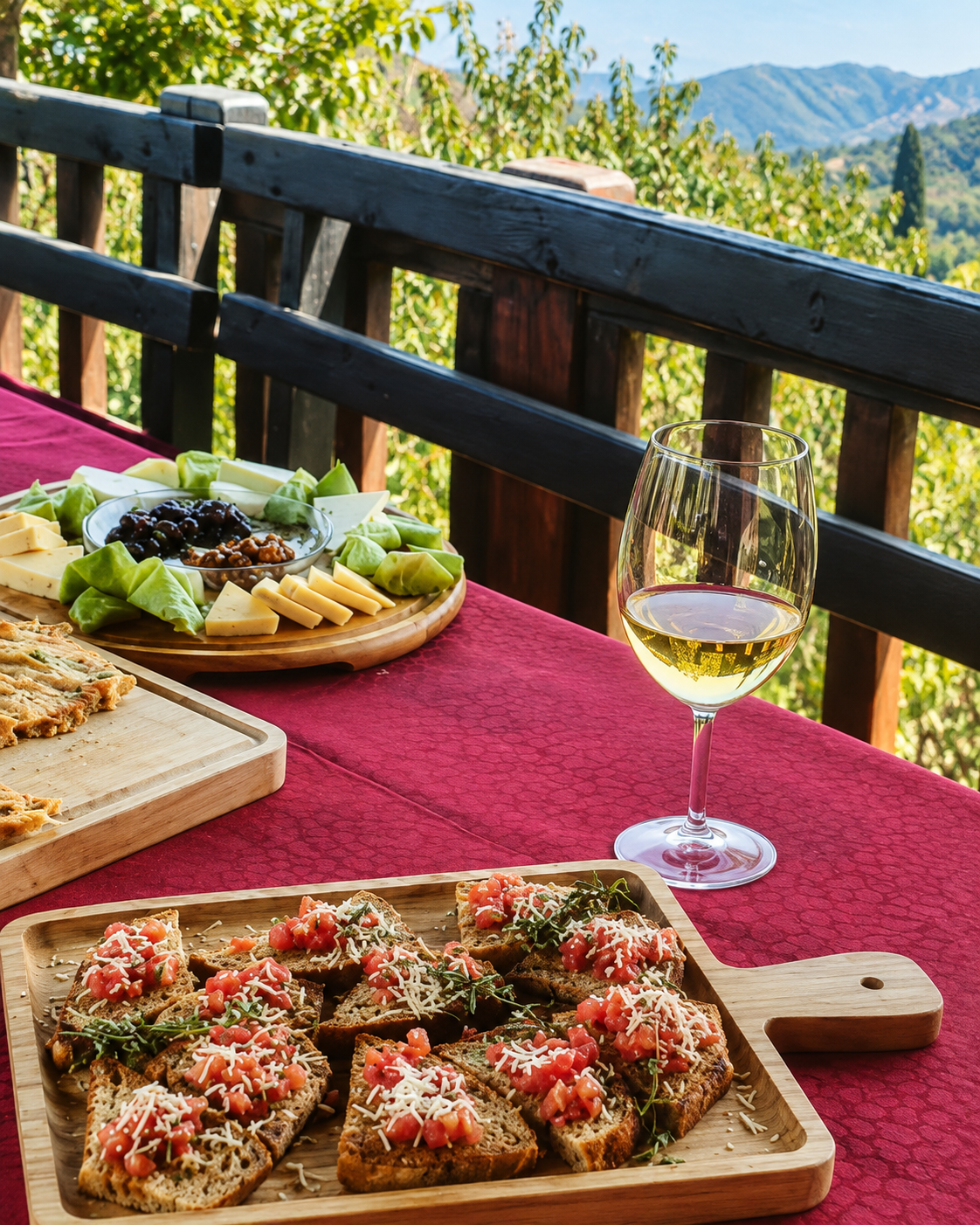 Degustazione di vino bianco con antipasti e specialità locali sulla terrazza di Vila Shehi Winery & Vineyards.