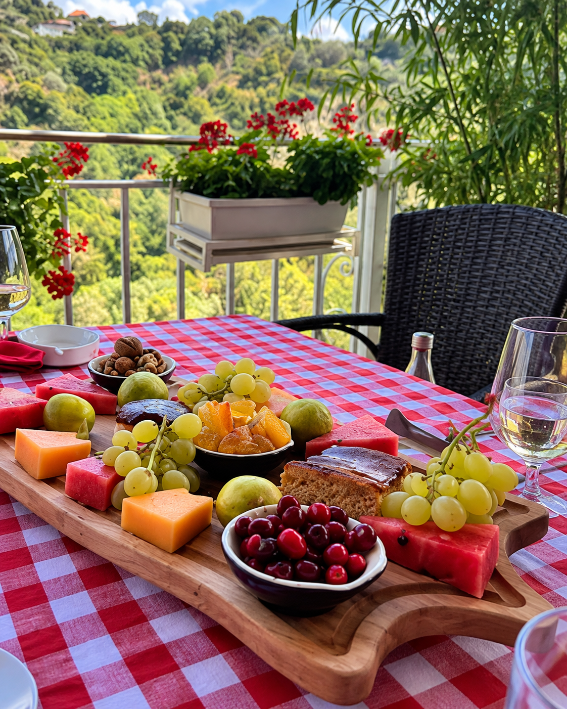 Piatto di frutta fresca, formaggi e specialità locali sulla terrazza panoramica di Kantina Enol a Preza.