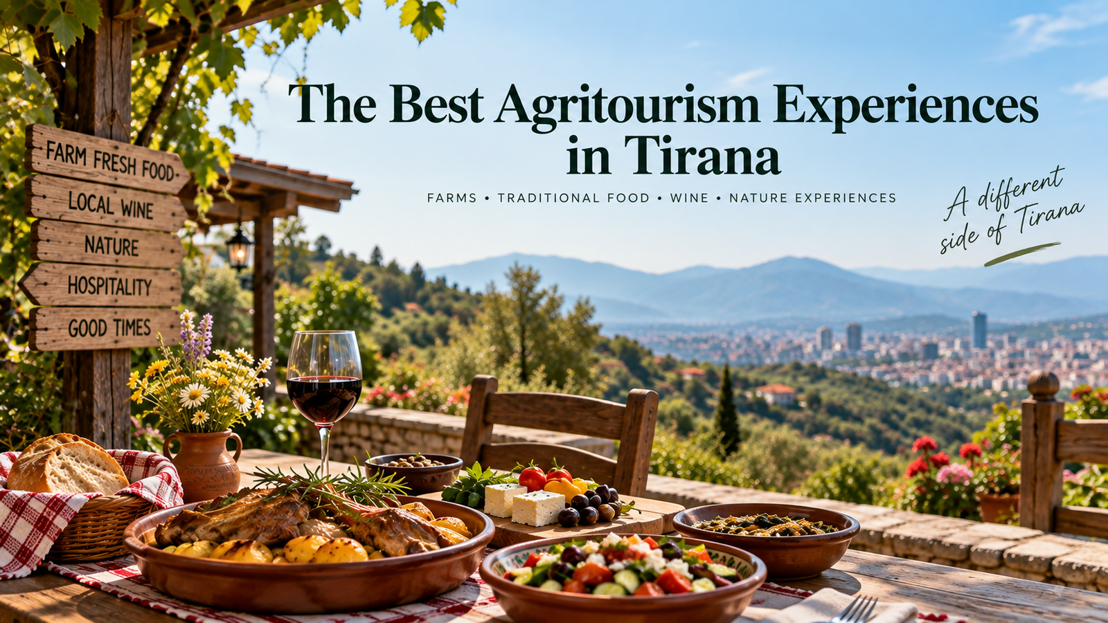 Ushqim tradicional shqiptar i servirur në një restorant agroturizmi me pamje nga kodrat e gjelbra të Tiranës, Shqipëri.