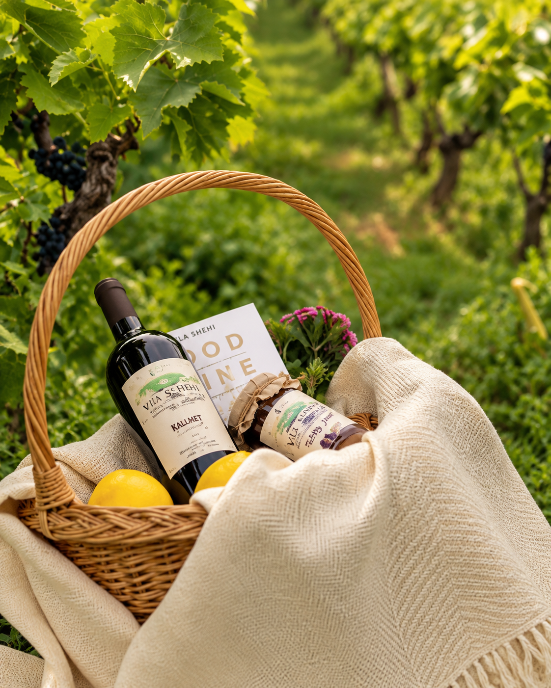 Cesto da picnic con vino locale e prodotti artigianali tra i vigneti di Kantina Enol a Preza, vicino a Tirana.