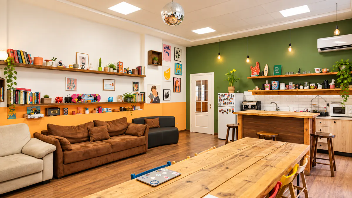 Modern coworking space in Tirana with shared work tables, lounge area and kitchen