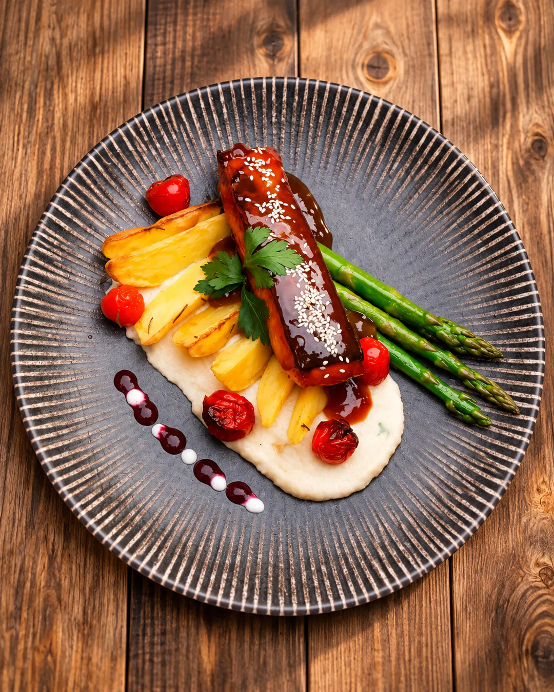 Pjatë kryesore gourmet me mish të glazuruar, fara susami, patate të pjekura, shparg të gjelbër dhe domate qershi te Fresh Garden Restaurant në Bllok, Tiranë.