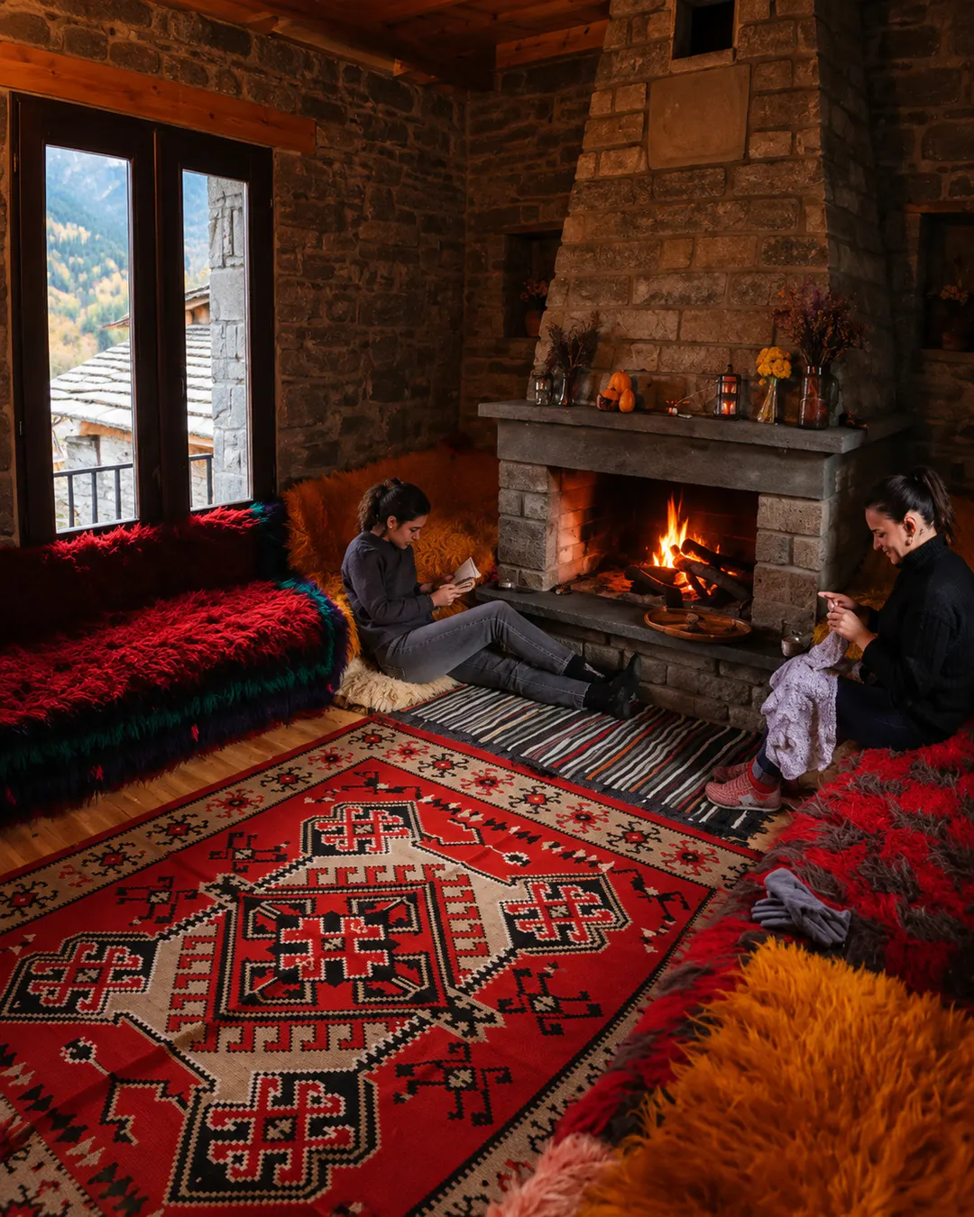 Interno tradizionale della guesthouse in pietra con camino acceso, tappeti albanesi colorati e accogliente zona soggiorno al Chri Chri Guesthouse di Leusë