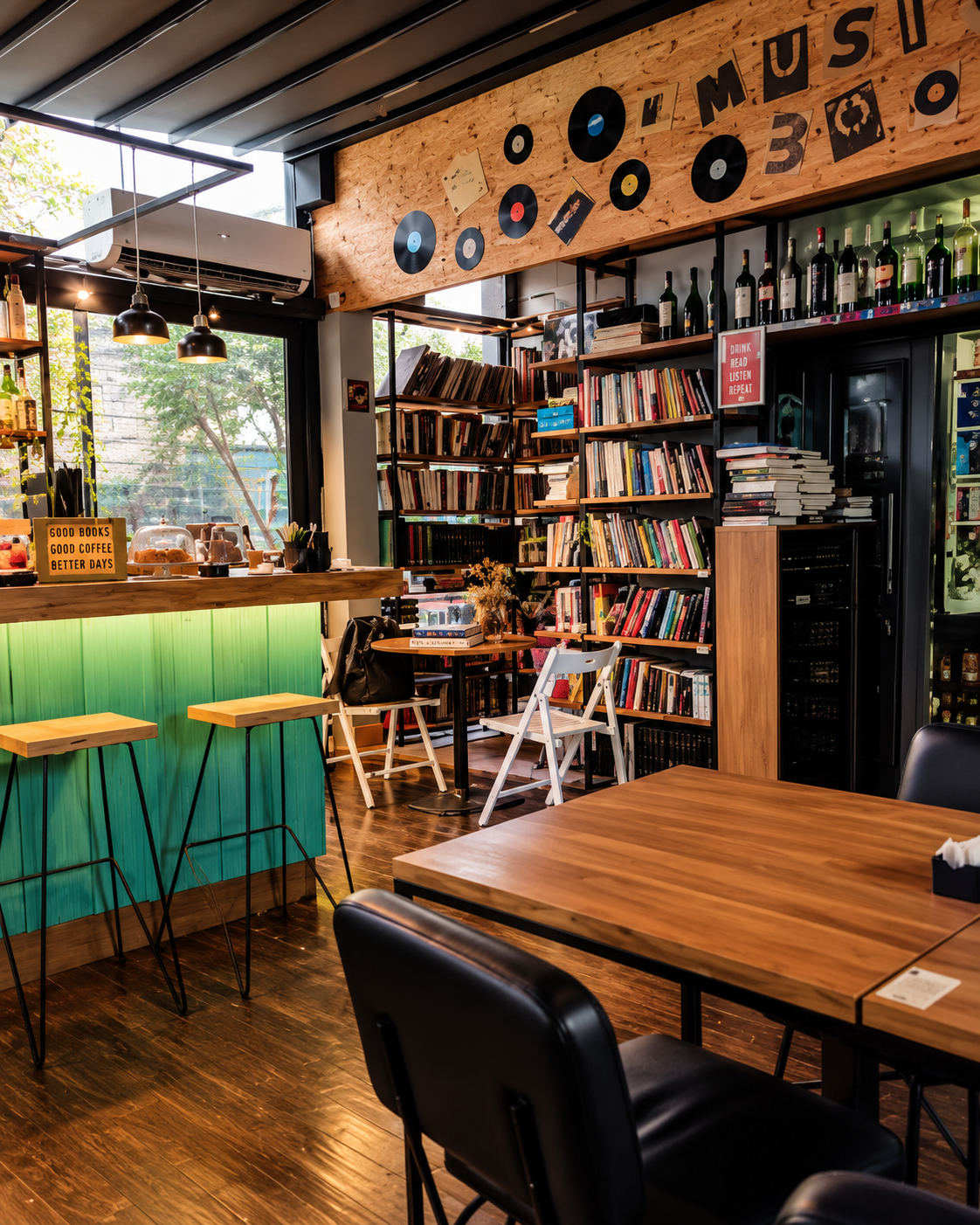 MusicBooks në Tiranë me rafte librash, disqe vinili dhe ambiente komode të kafenesë