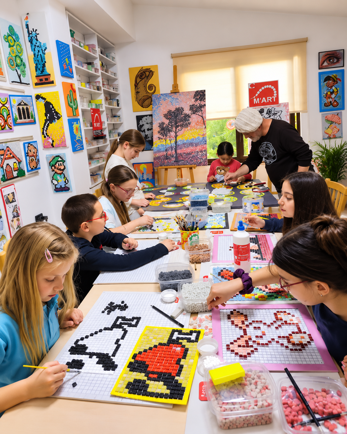 Mosaic workshop in Tirana with participants creating colorful mosaic artworks