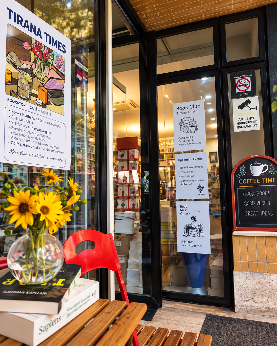 Hyrja e Tirana Times Bookshop & Café në Bllok, Tiranë