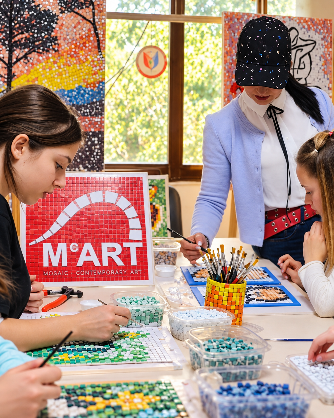 Participants creating mosaic artworks during a mosaic course in Tirana