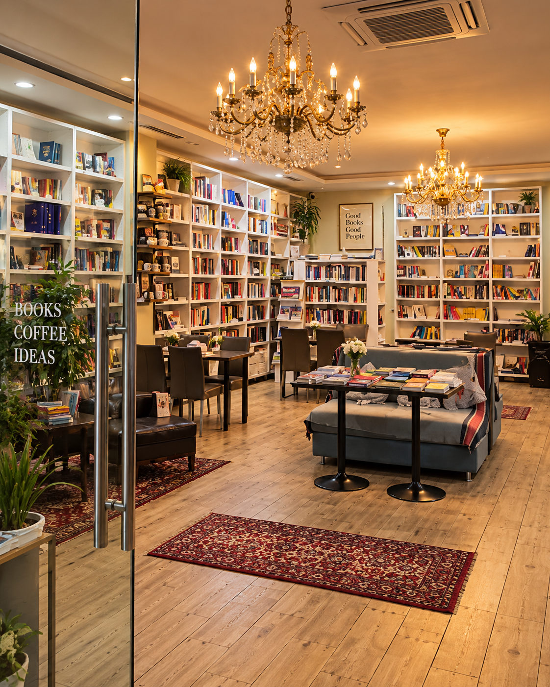 Ambient i brendshëm i Tirana Times Bookshop & Café me rafte librash dhe zona leximi në Tiranë