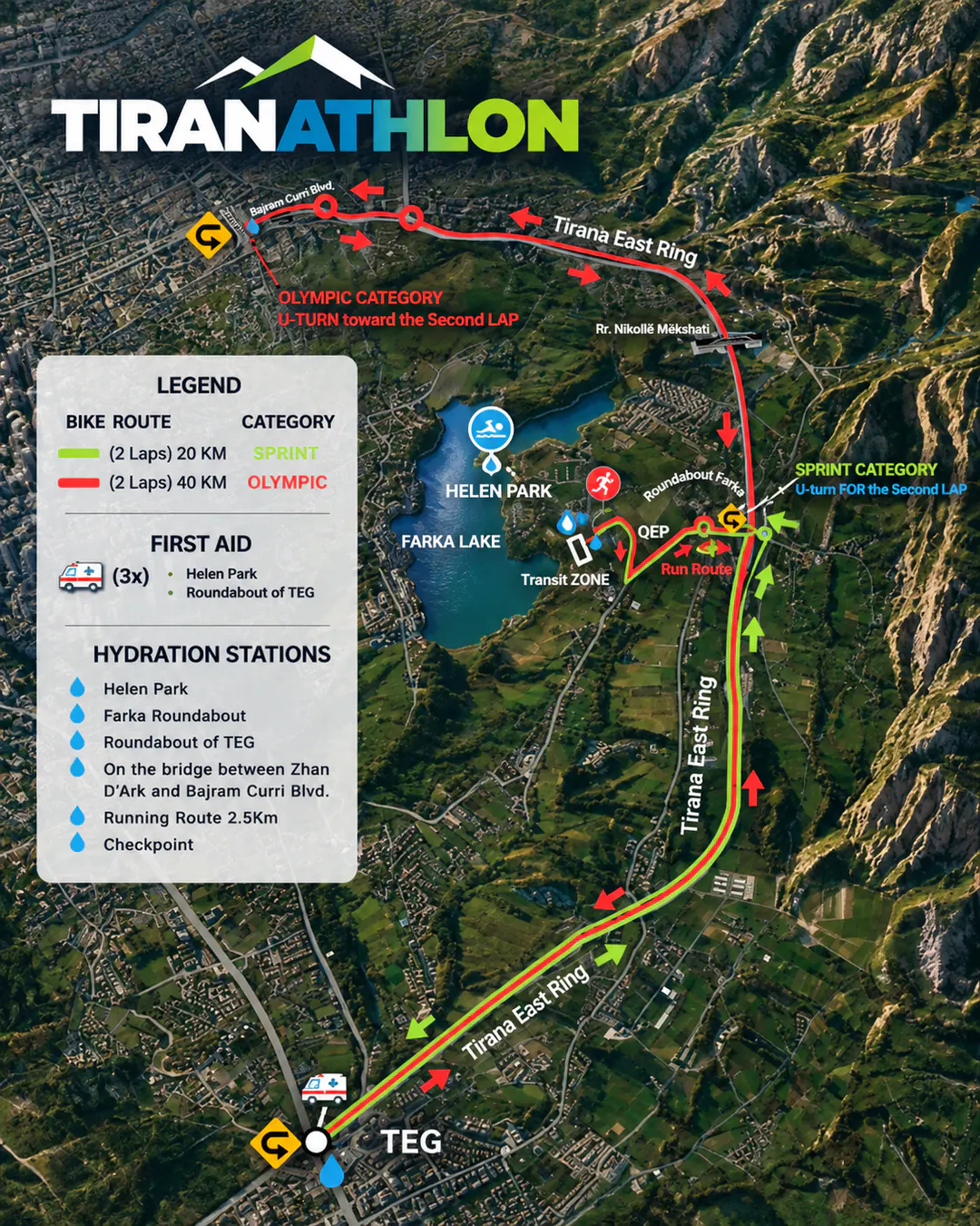 Mappa del percorso ciclistico Tiranathlon 2026 dal Lago di Farka lungo la Circonvallazione Est di Tirana verso TEG