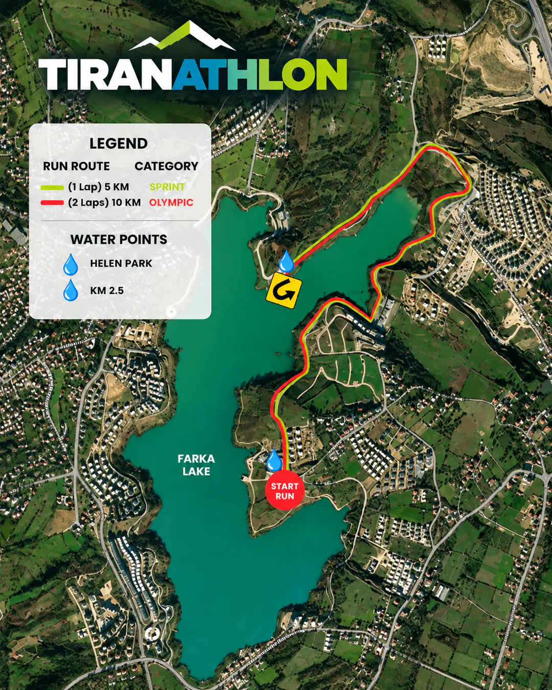 Mappa del percorso di corsa Tiranathlon 2026 intorno al Lago di Farka e Helen Park a Tirana