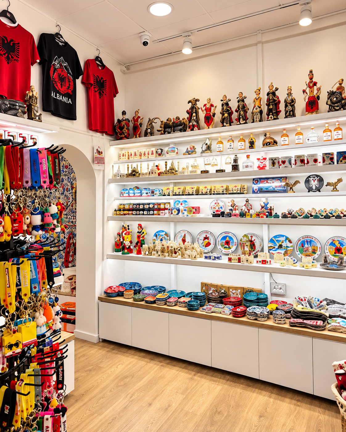 Interno del negozio I Love Albanian Souvenirs a Tirana con regali e souvenir tradizionali