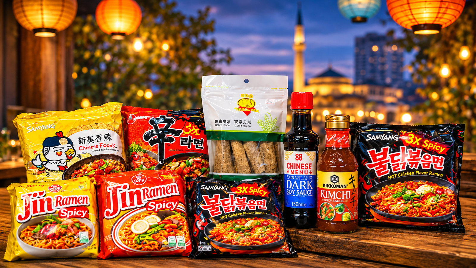 Asian food products including Korean ramen, soy sauce and Asian snacks available in Tirana, Albania