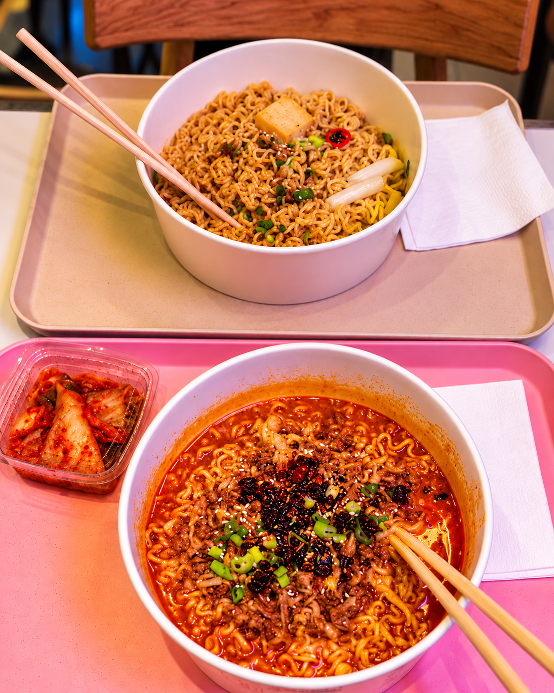 Japanese-style ramen bowls with noodles and toppings at Asia Box Ramen Station in Tirana