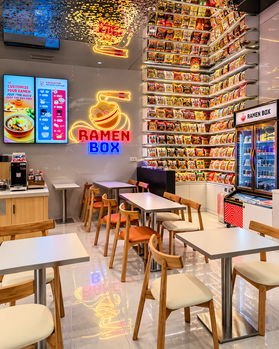 Interior of Asia Box Ramen Station in Tirana with ramen displays and seating area