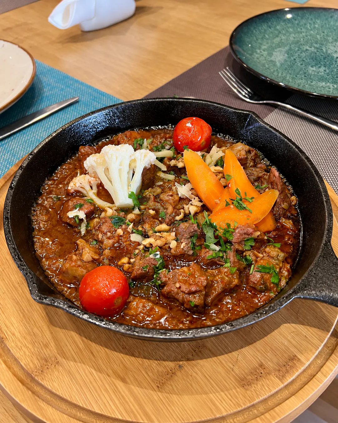 Colorful main dish at Antik Restaurant in Korca, Albania