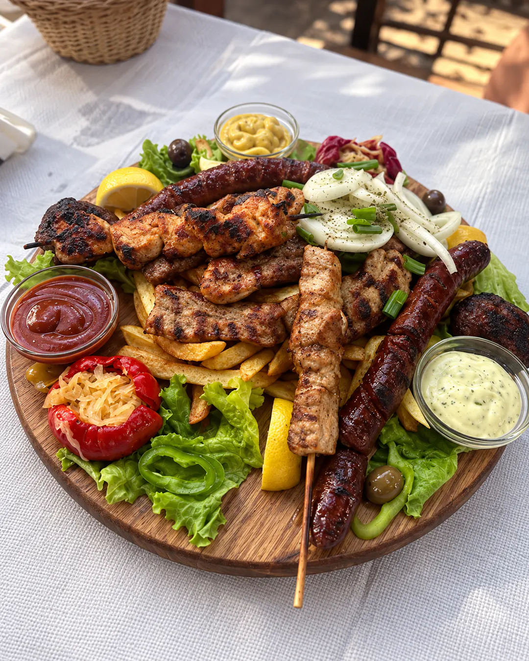 Meat dish with fresh salad at Birrari Panda in Korca