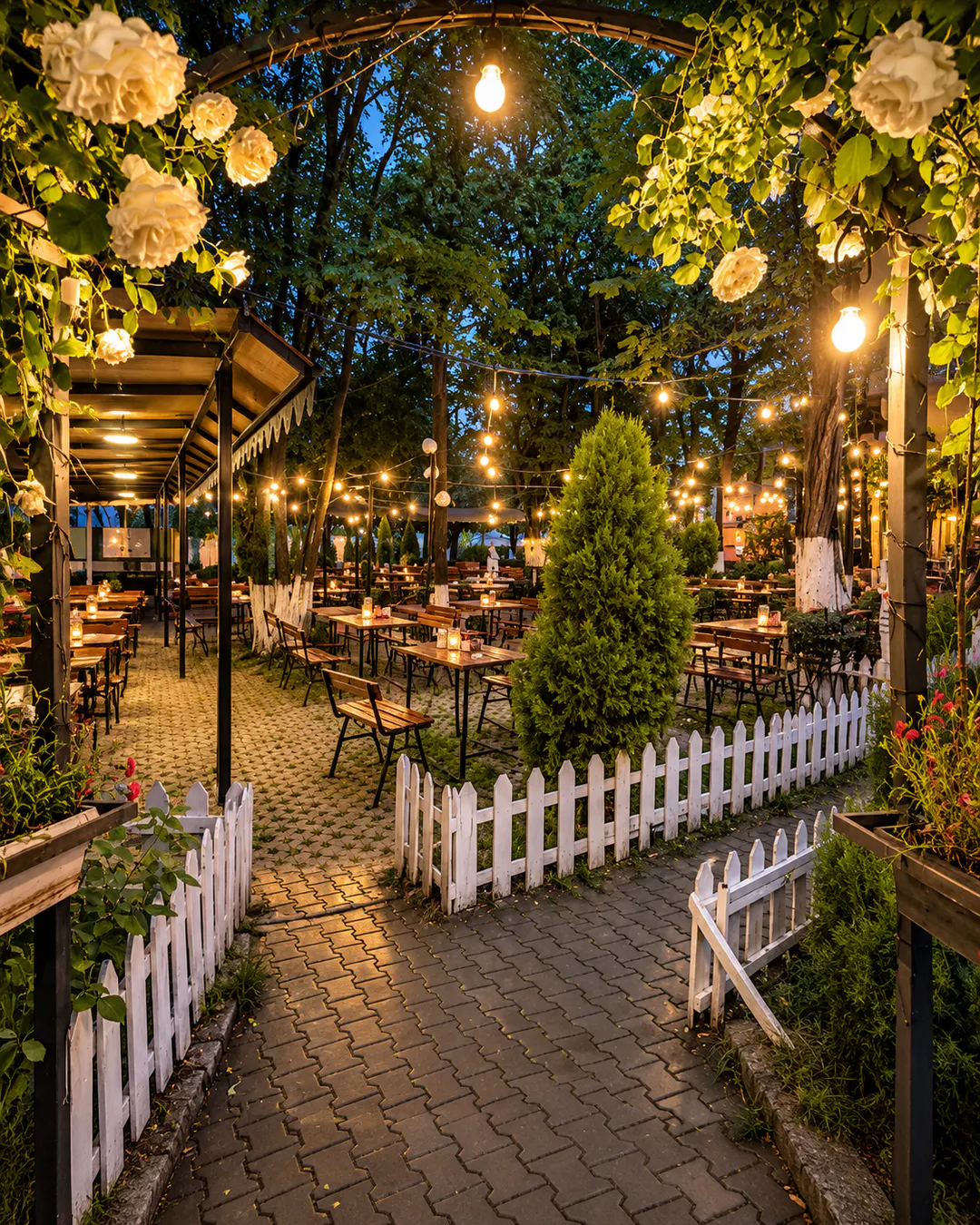 Outdoor dining area at Birrari Panda in Korca, Albania