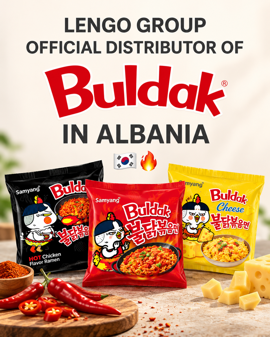Buldak Korean instant noodle products available at Baronesha Premium Food in Tirana