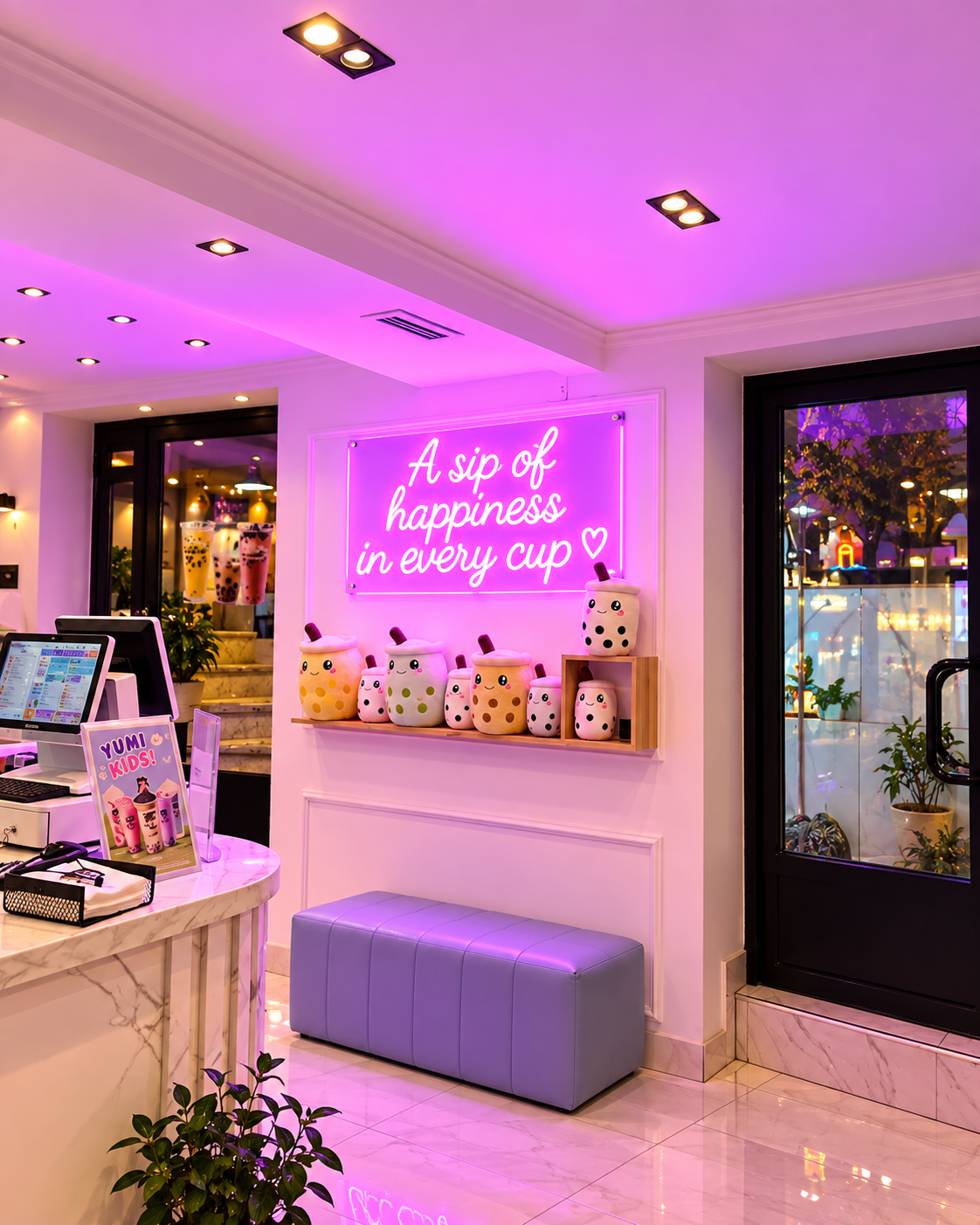 Interior of Yumi Bubble Tea in Tirana with pink lighting and colorful decor