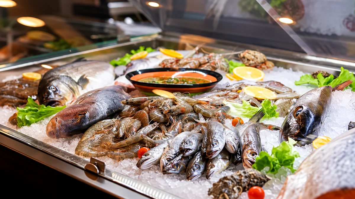 Fresh seafood served at a seafood restaurant in Tirana