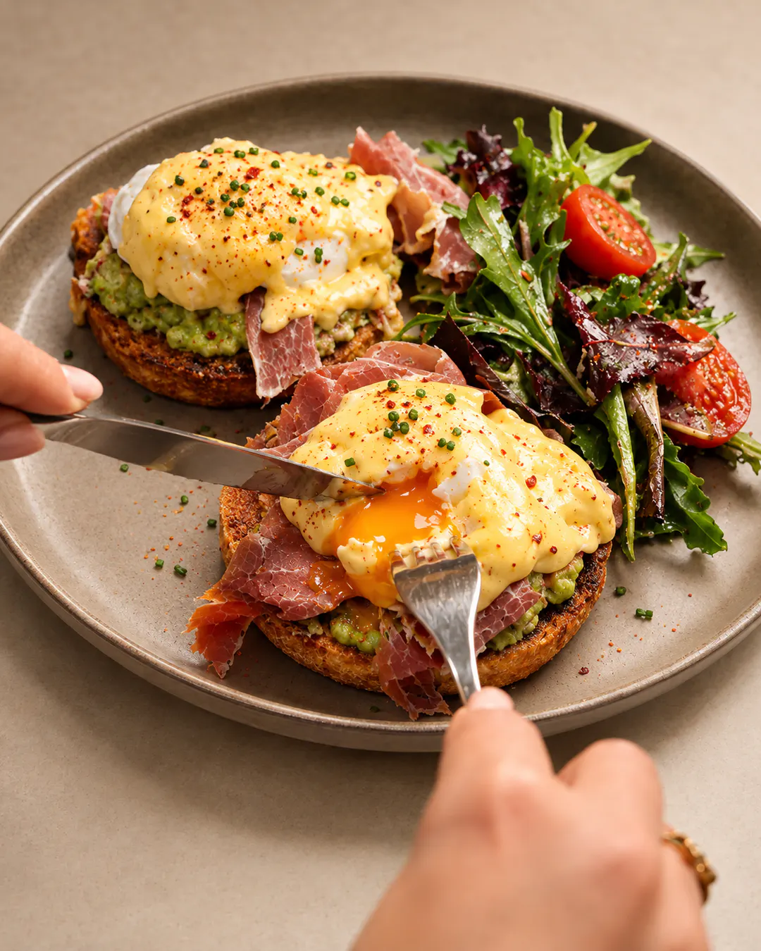 Breakfast with eggs, pastrami and avocado at Delibros in Tirana