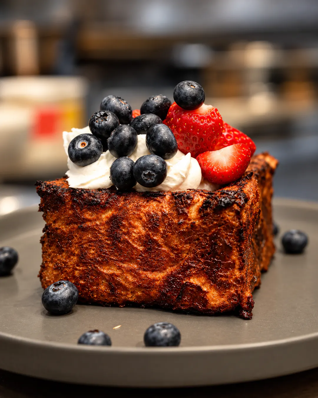 French toast with strawberries and blueberries for brunch at Delibros in Tirana