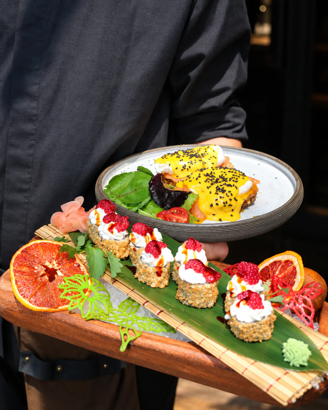 Brunch spread with pancakes, eggs and fresh juices at Folium Tirana