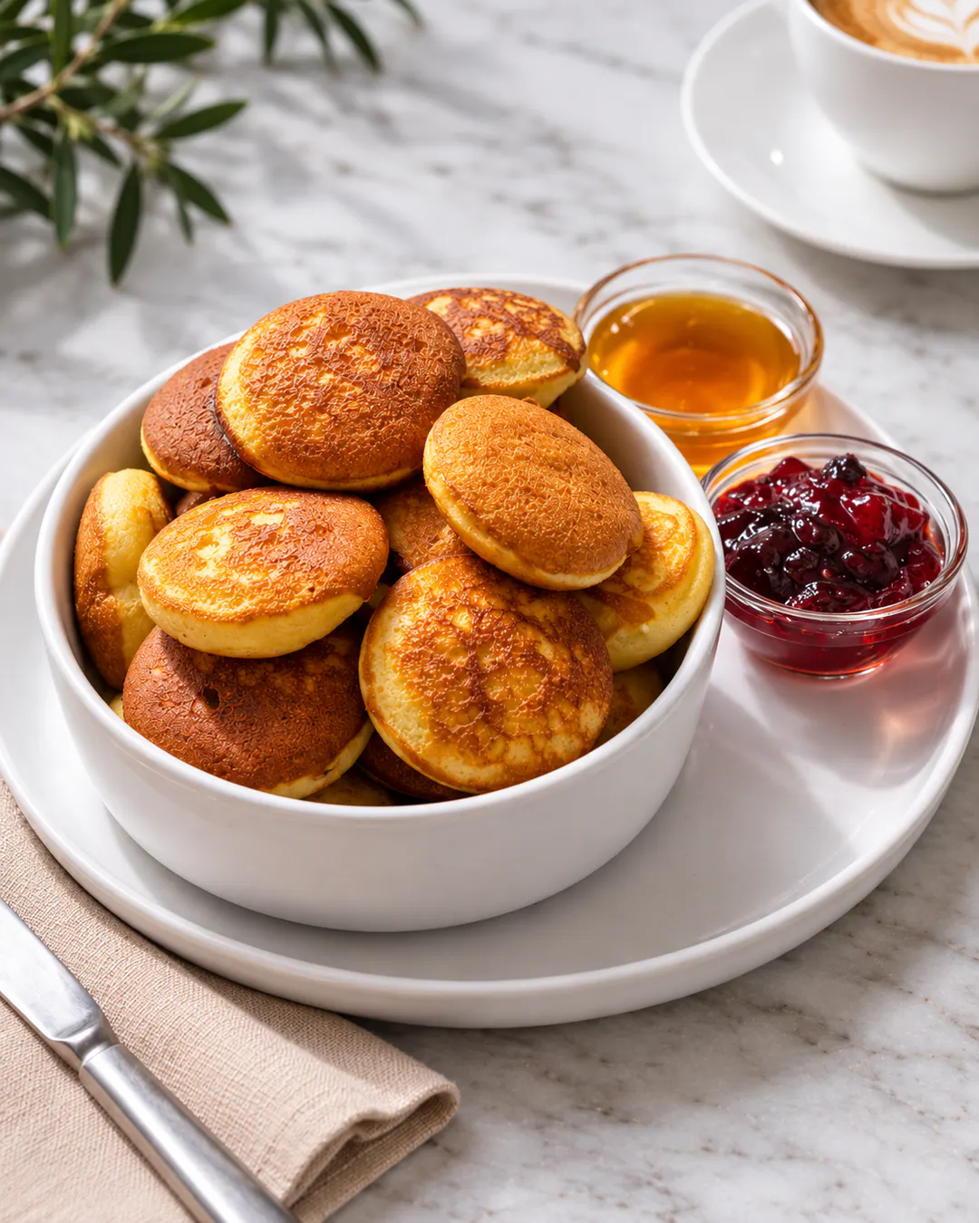 Mini pancakes with honey and berry jam for breakfast at KOA Brunch & Vino in Tirana