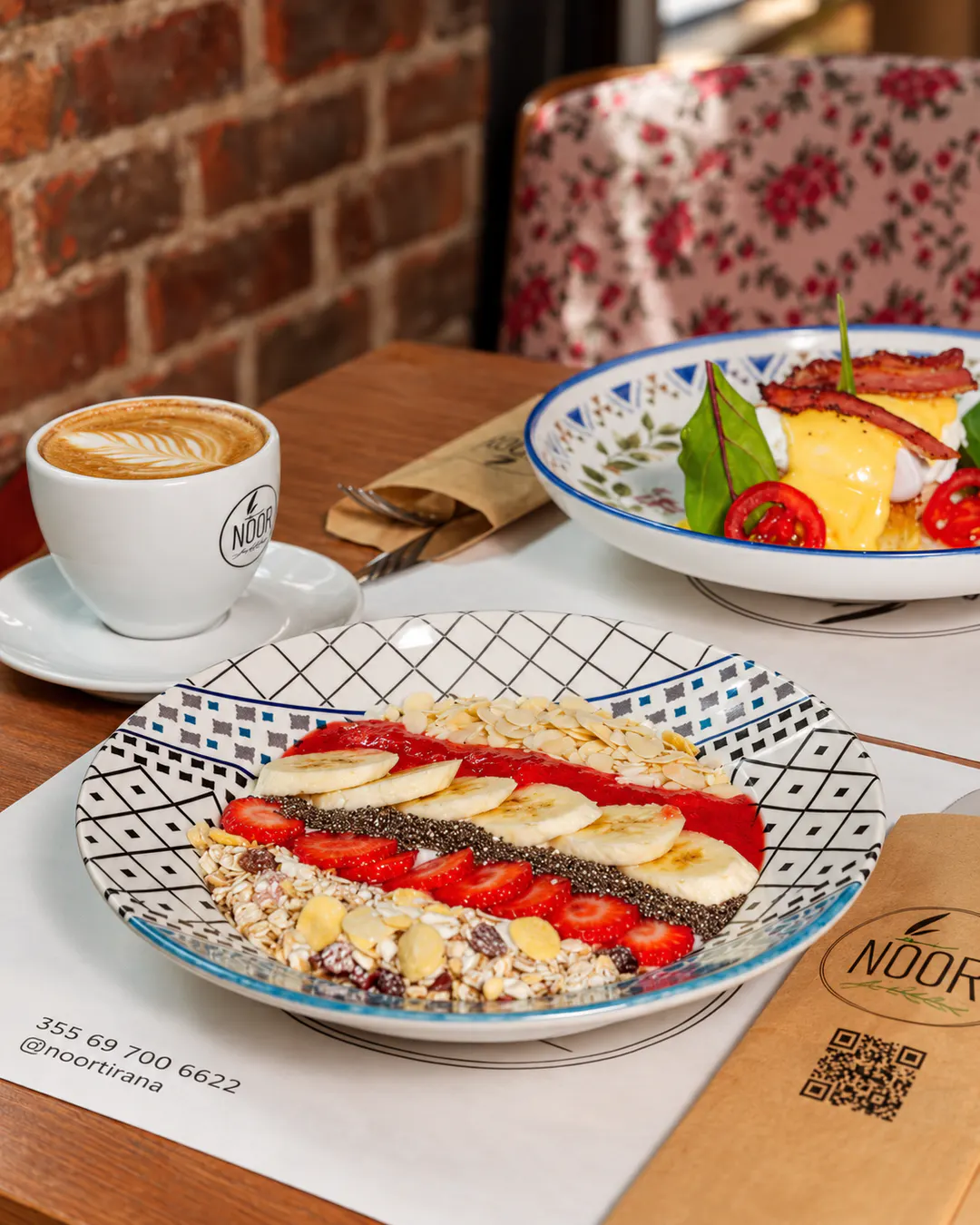 Breakfast and brunch with coffee and fresh dishes at Noor Tirana