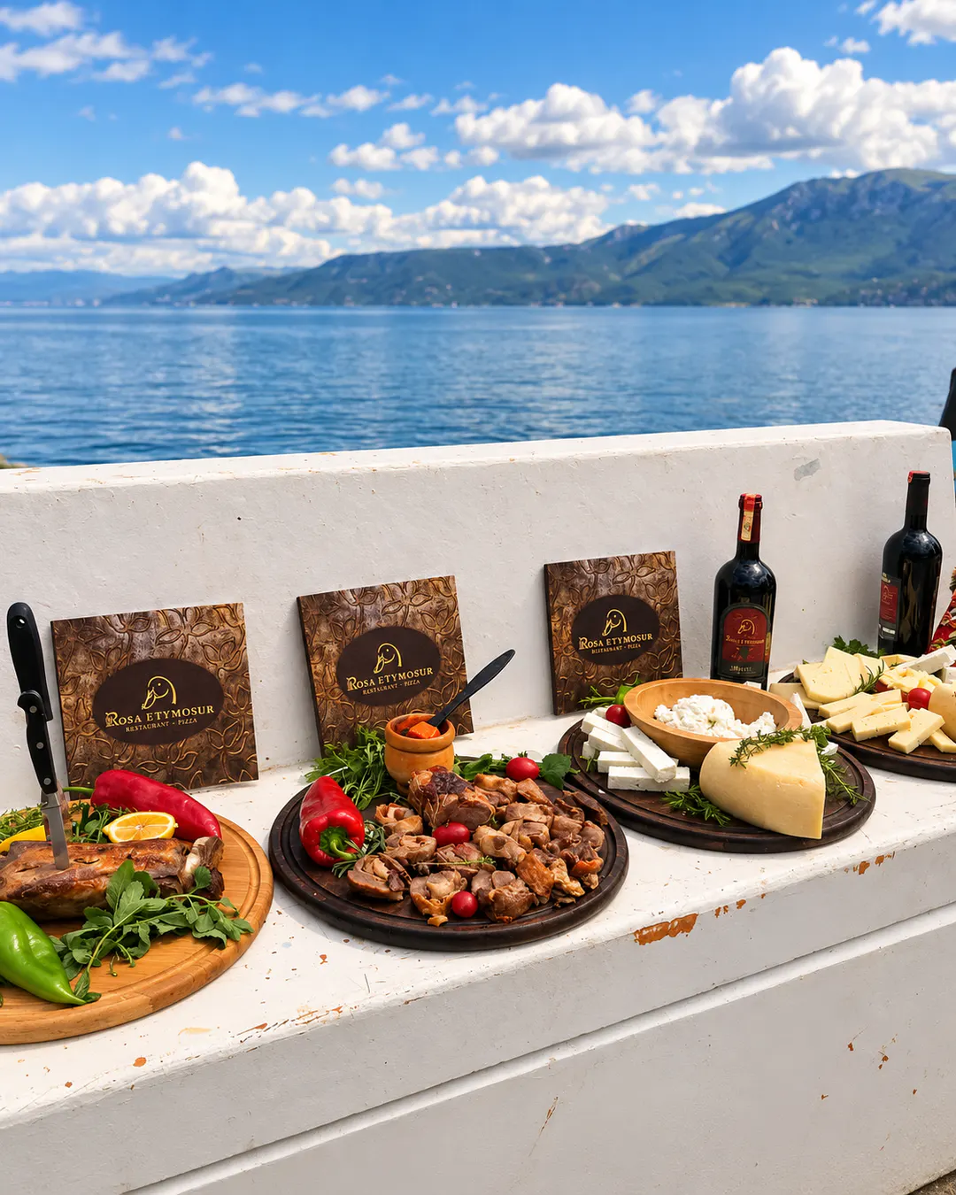 Cibo tradizionale albanese al Rosa e Tymosur con vista sul Lago di Ohrid