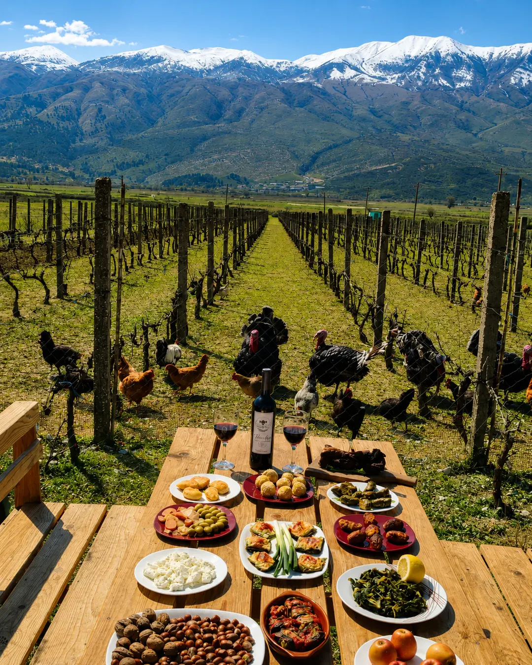Cibo tradizionale albanese e vino al vigneto The Barrels con vista sulle montagne