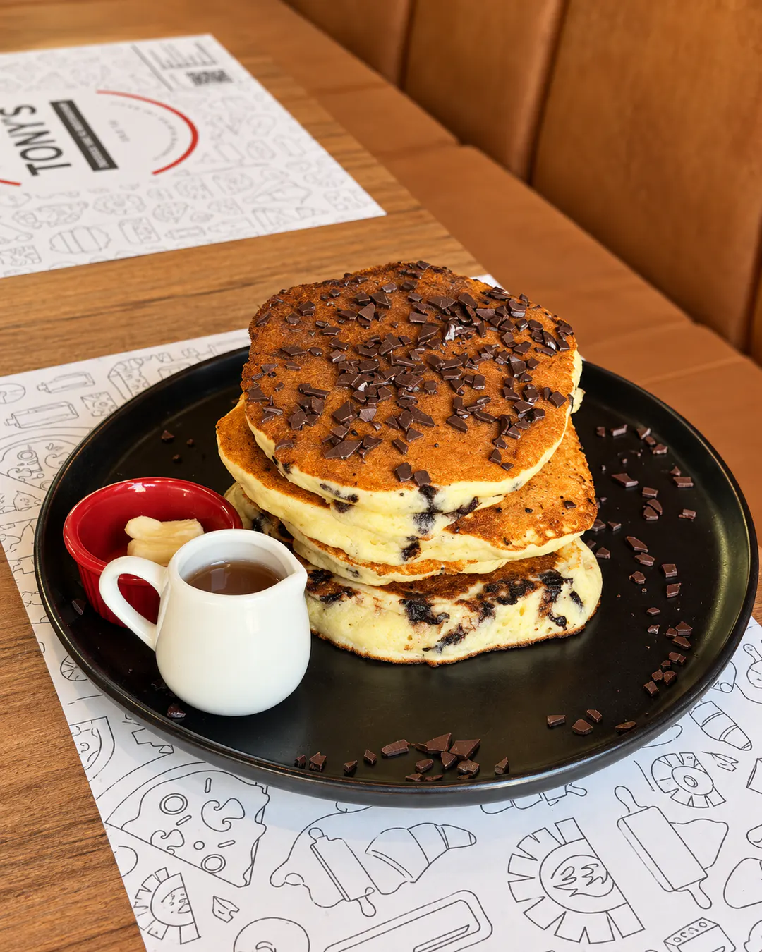 Fluffy chocolate pancakes for brunch at Tony's American Restaurant in Tirana