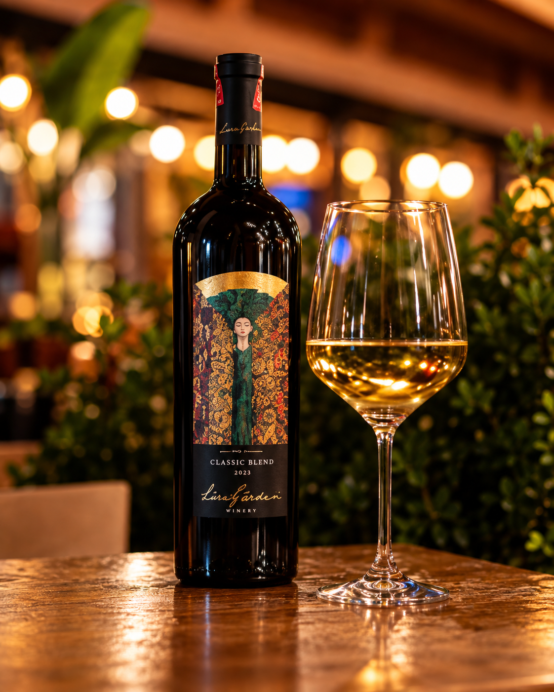 Wine bottle and glass at Filari Wine Bar inside Tirana Castle
