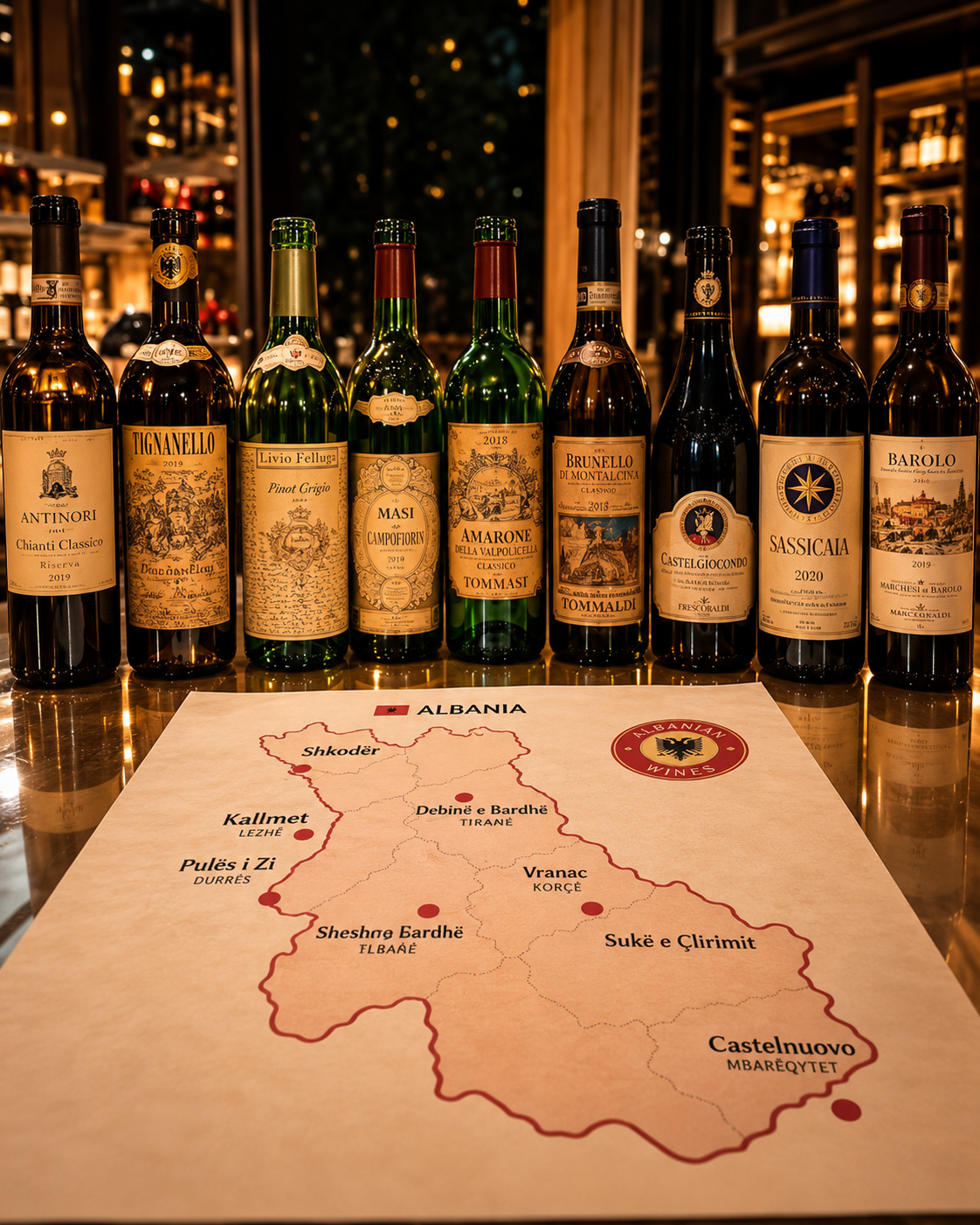 Selection of international wine bottles at VENA Wine Bar in Tirana