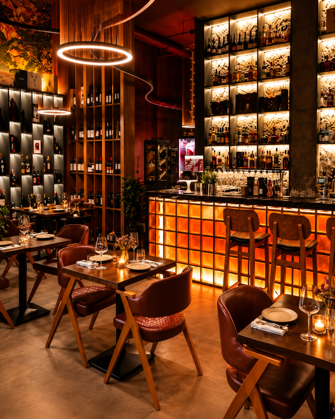 Interior of Cuvée Vinoteka wine bar in Tirana with illuminated wine shelves and bar seating