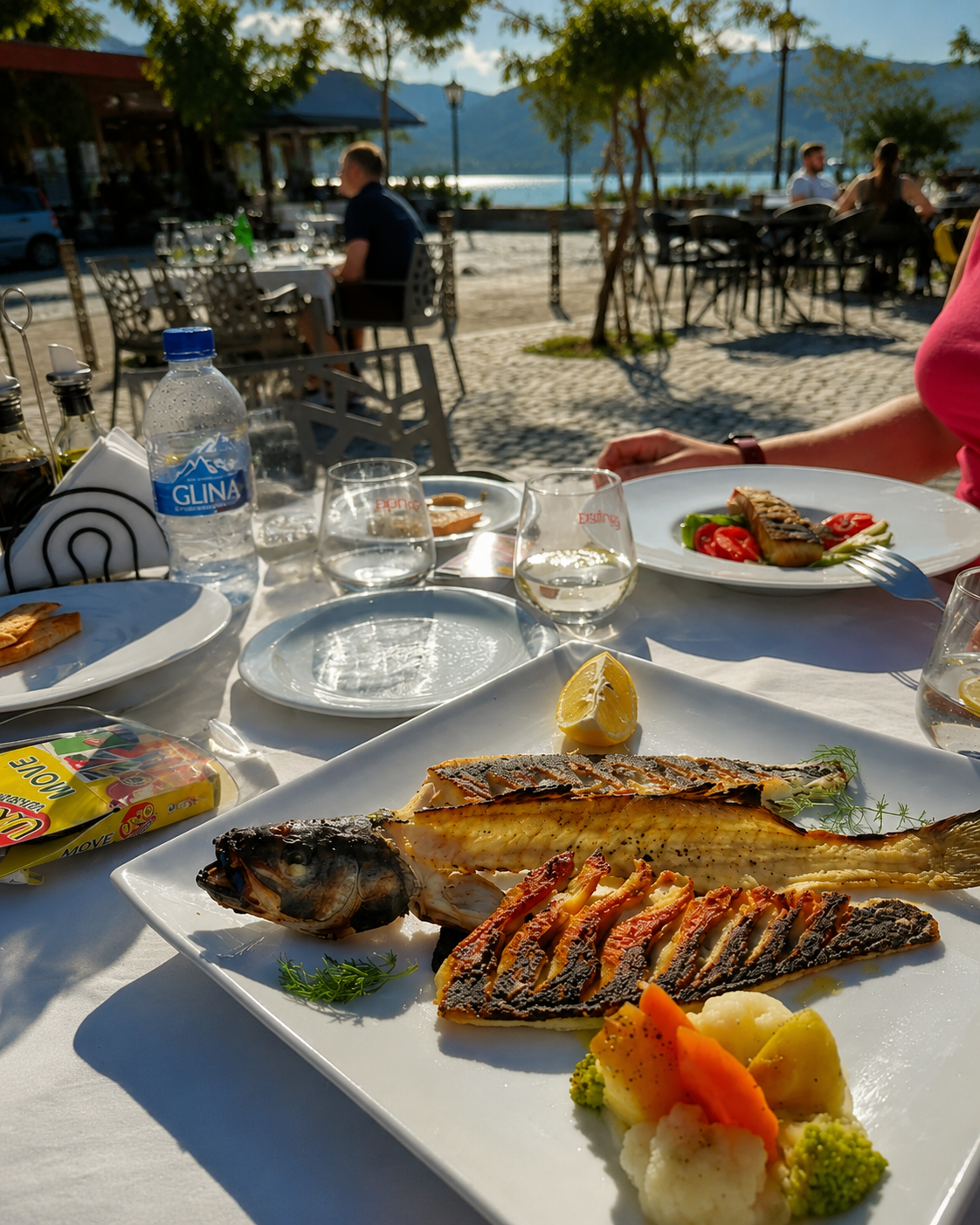 Fresh seafood platter at Shkodra Lake Restaurant in Shiroka