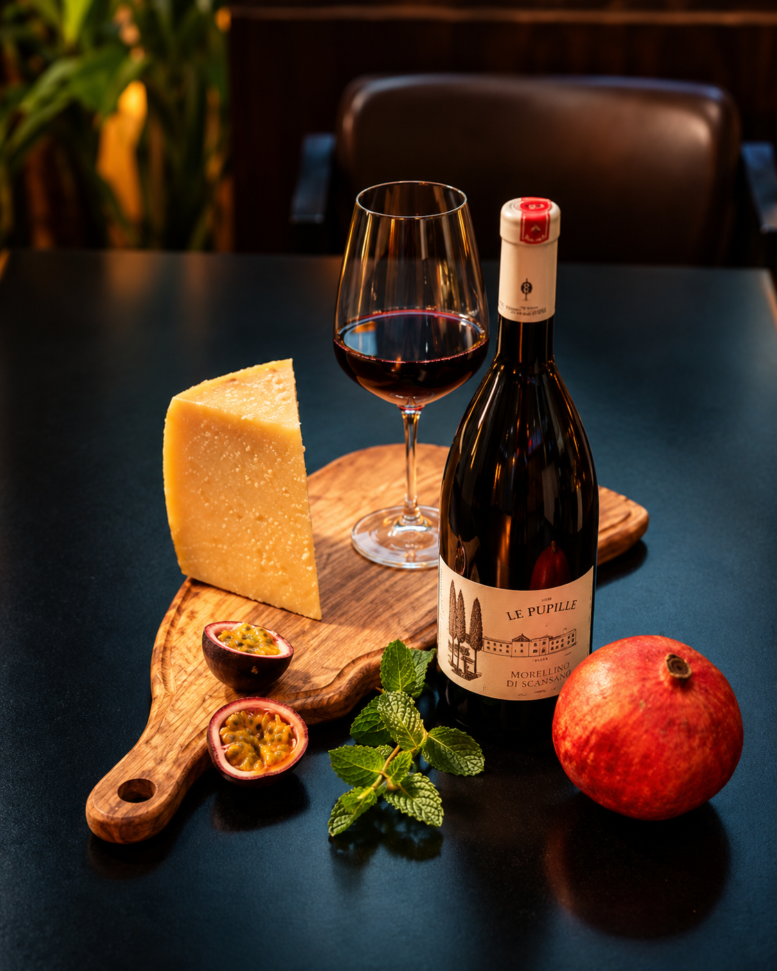 Red wine paired with cheese and fruit at Filari Wine Bar in Tirana