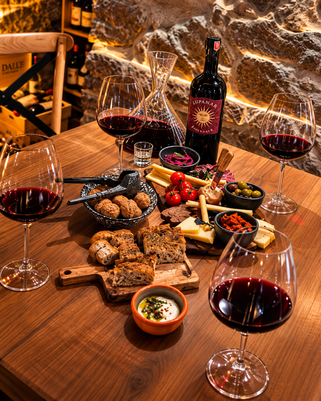 Guided wine and food tasting at Dua Vere in Tirana with red wine and traditional Albanian bites