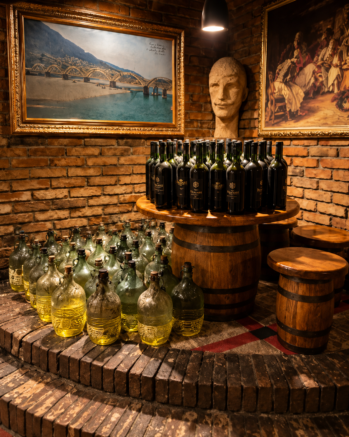Traditional winery interior at Kantina Binjakët in Tirana with wine bottles and wooden barrels