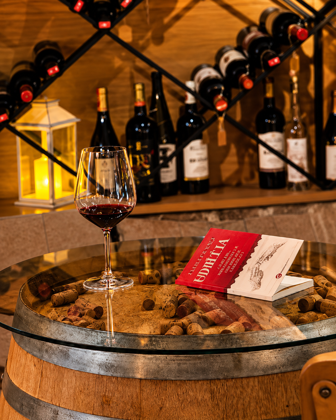Albanian wine tasting at Dua Vere in Tirana with a glass of red wine in the wine cellar