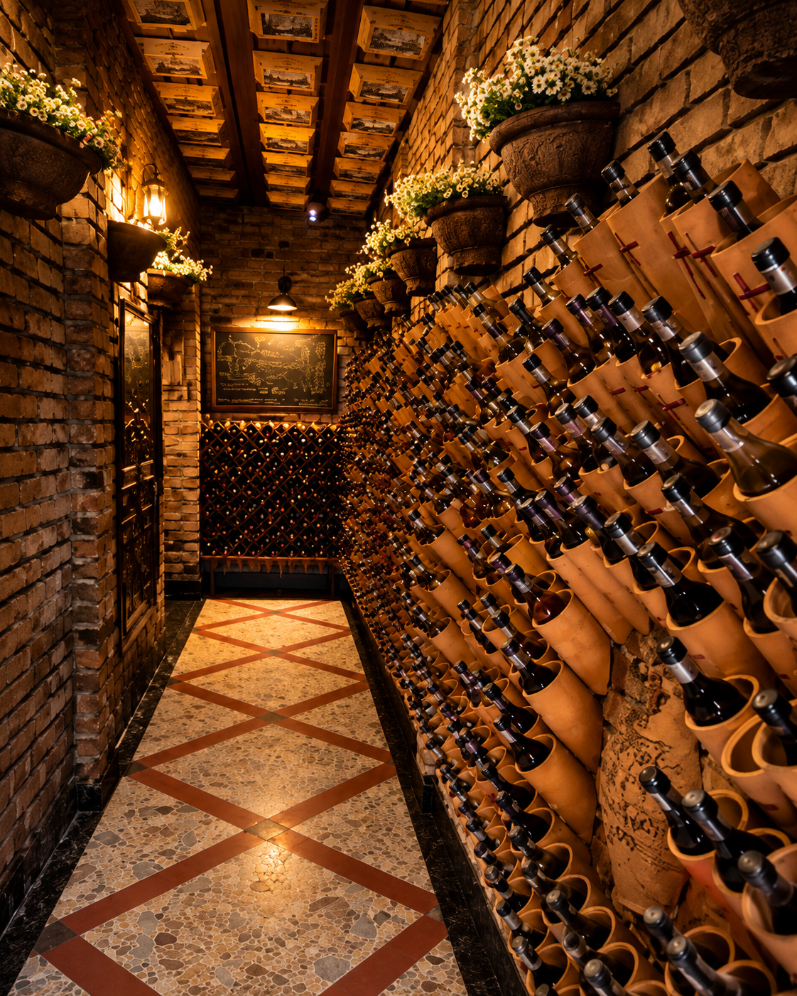 Wine cellar at Kantina Binjakët in Tirana with rows of Albanian wine bottles