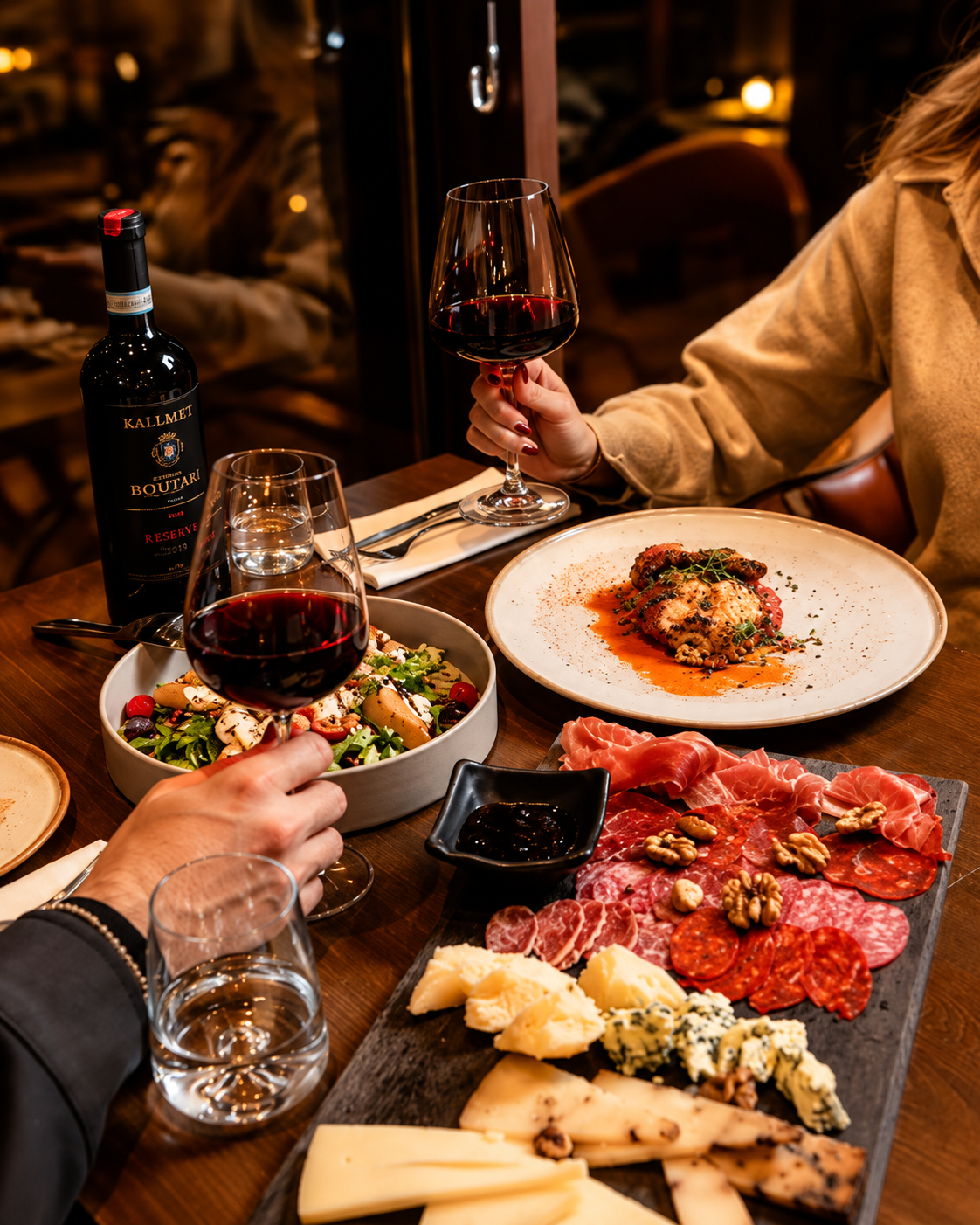Wine and food pairing at Cuvée Vinoteka in Tirana with red wine, charcuterie and cheese