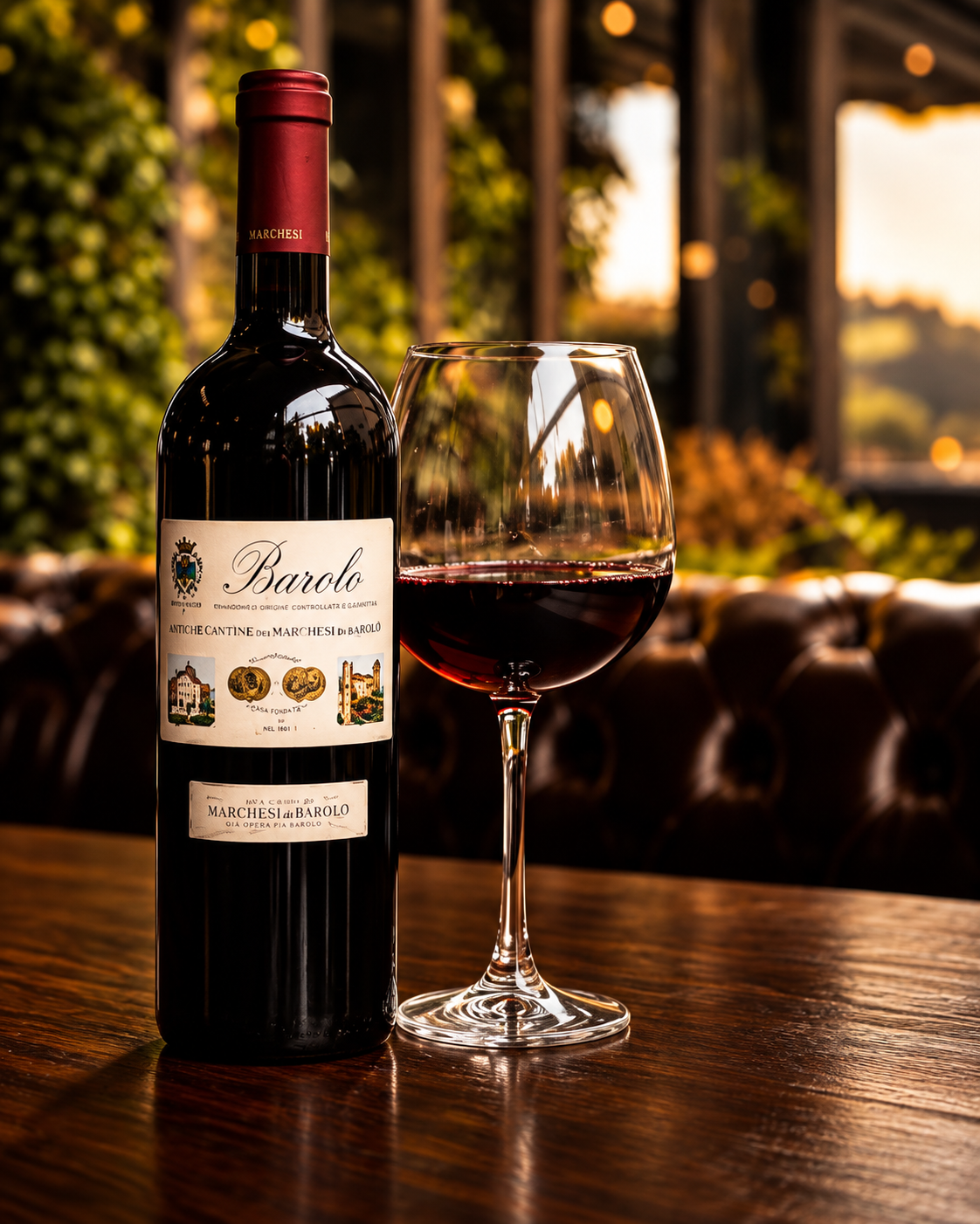 Bottle of Barolo with a glass of red wine at IL VINO in Tirana