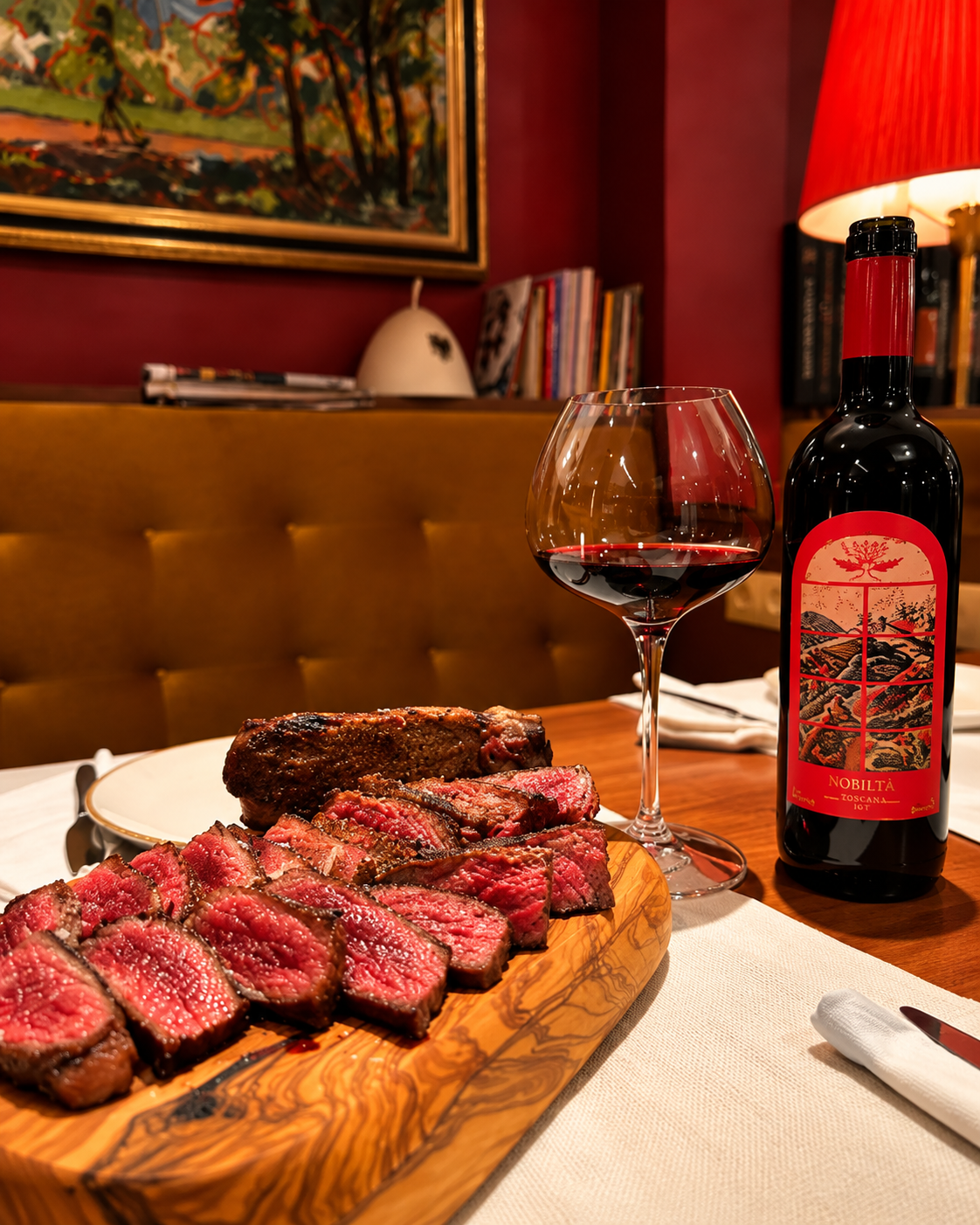 Red wine paired with sliced steak at Shëndeverë Wine Bar & Restaurant in Tirana