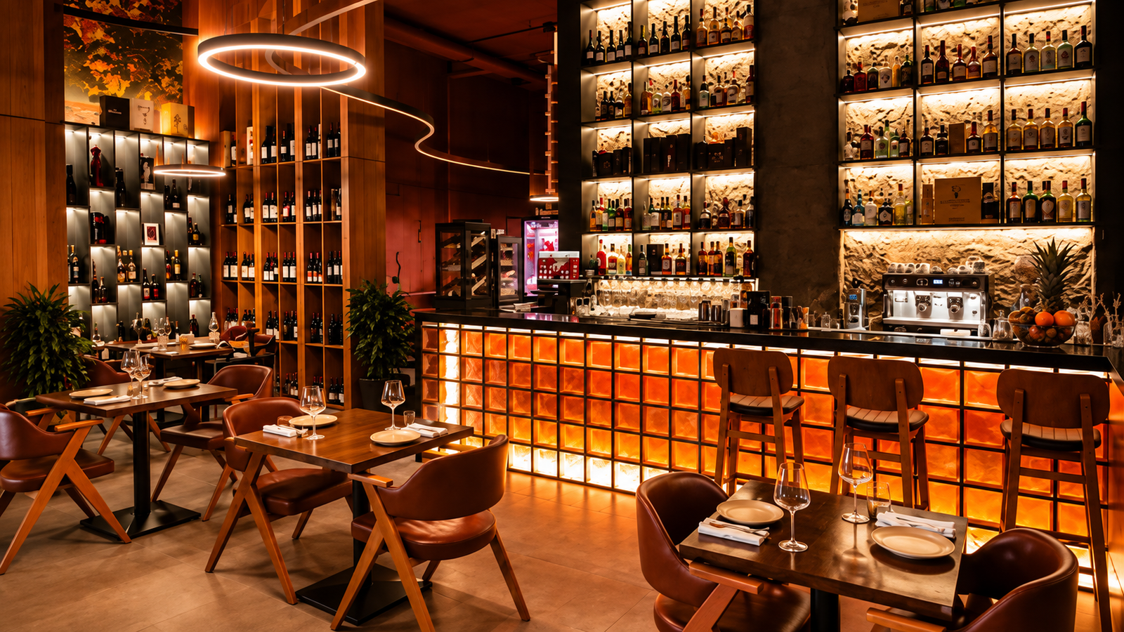 I migliori wine bar a Tirana, Albania, con interni eleganti, esposizioni di vini e moderne sedute da bar